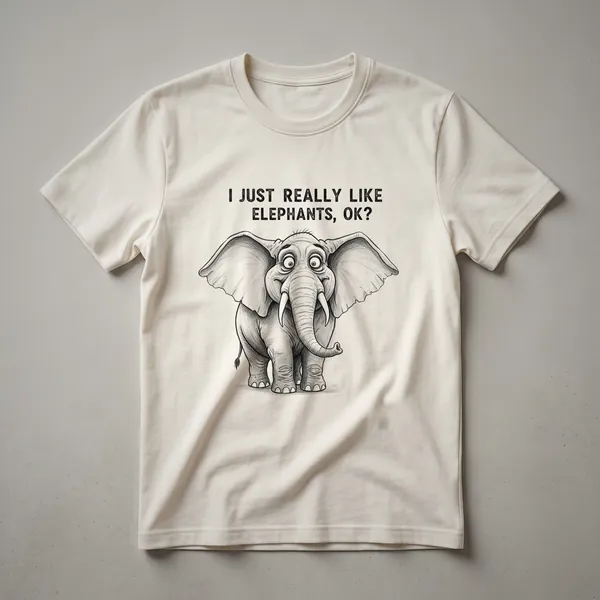 Black graphic t-shirt with a distressed illustration of an elephant's head and the text 'I Just Really Like Elephants, Ok?'