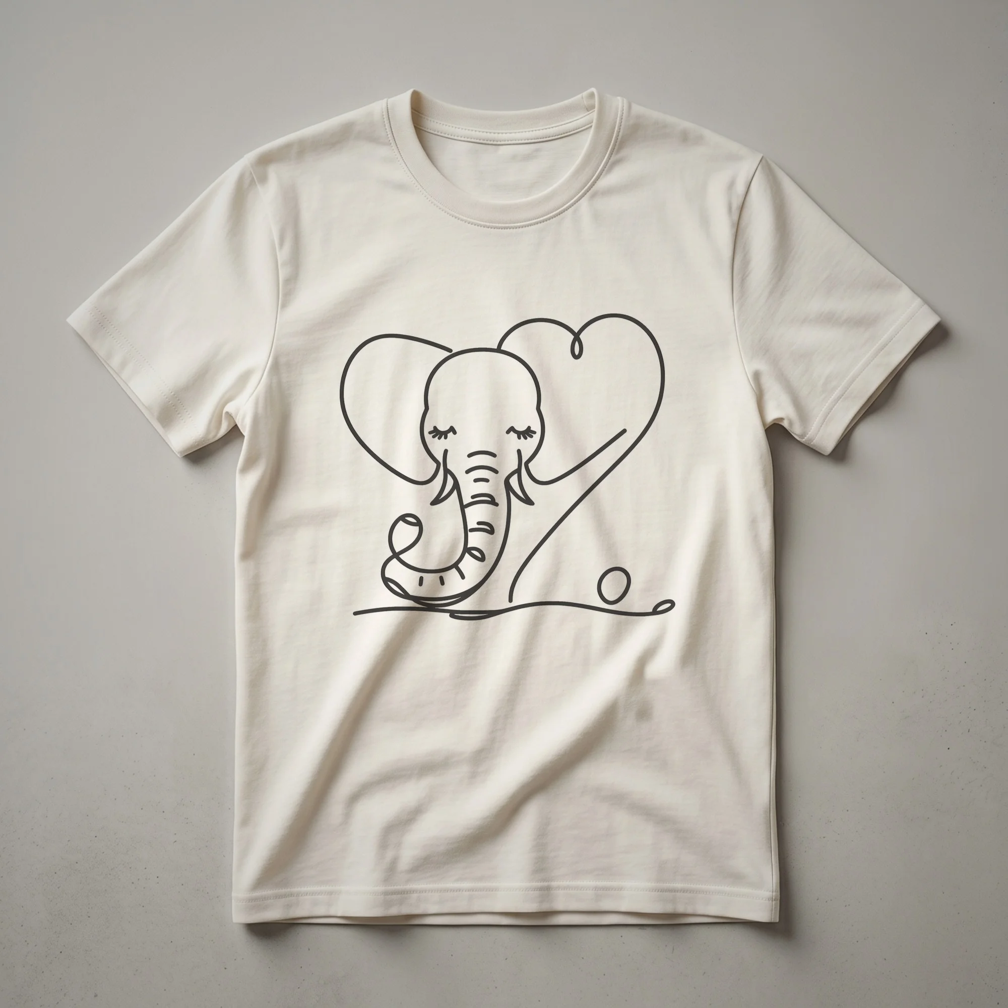 White line art illustration of an elephant's head forming a heart shape on a black t-shirt.