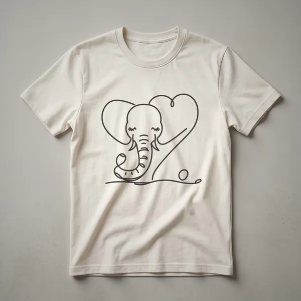 White line art illustration of an elephant's head forming a heart shape on a black t-shirt.