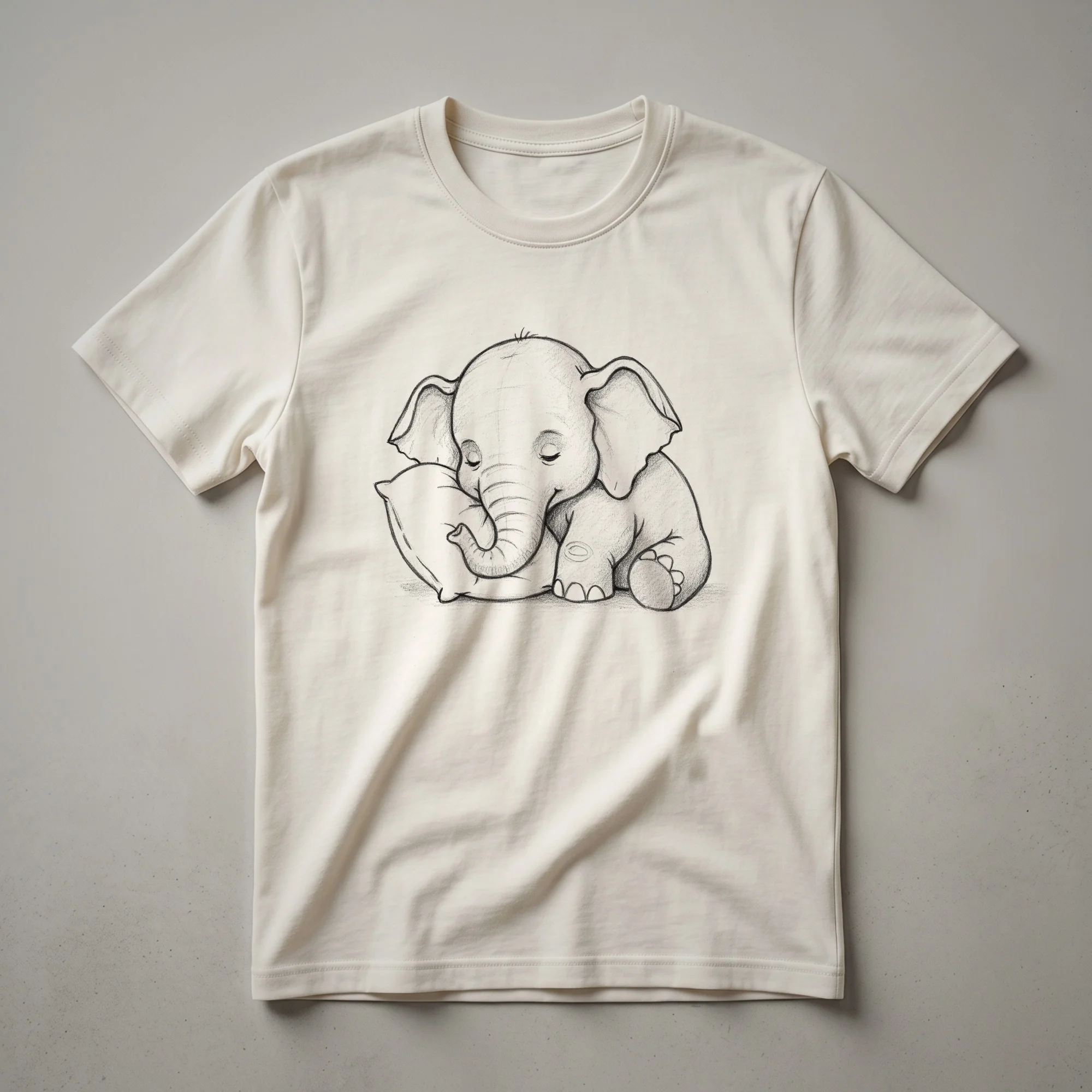White t-shirt with a cute cartoon baby elephant sleeping peacefully in the center.
