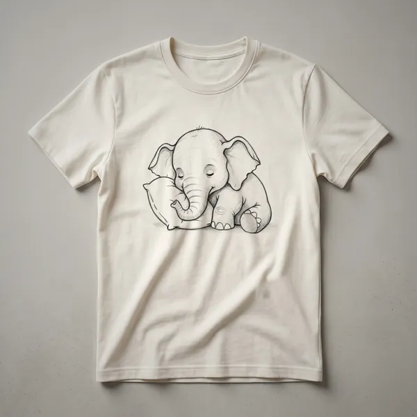 White t-shirt with a cute cartoon baby elephant sleeping peacefully in the center.