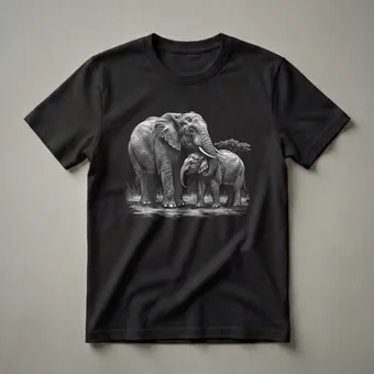 African Elephant Family Stippling Art T-Shirt for Wildlife Lovers