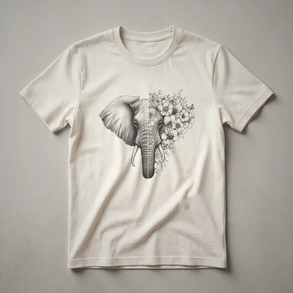 White graphic t-shirt with a black elephant silhouette filled with a colorful floral pattern, including pink, yellow, and green flowers.