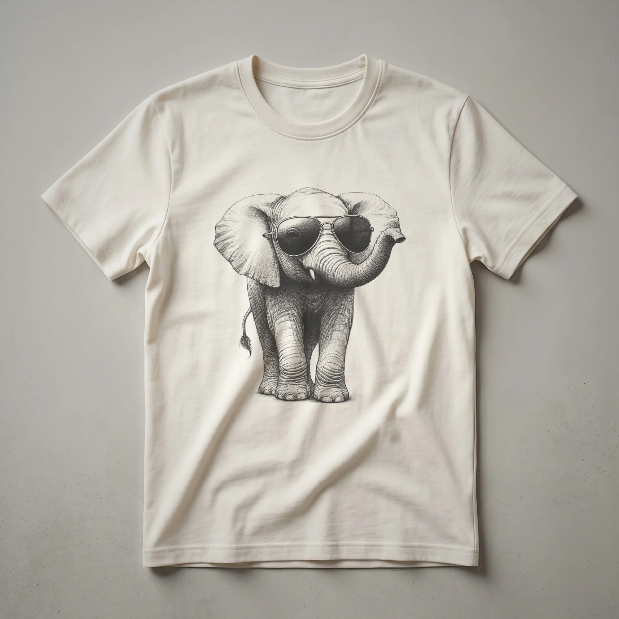 A graphic t-shirt featuring a stylized elephant wearing sunglasses. The design is printed on a white t-shirt.