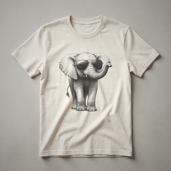 A graphic t-shirt featuring a stylized elephant wearing sunglasses. The design is printed on a white t-shirt.