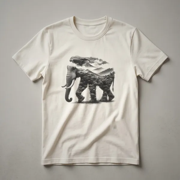 A white t-shirt featuring a watercolor art design of an African elephant family walking through a savanna landscape with acacia trees and a sun.