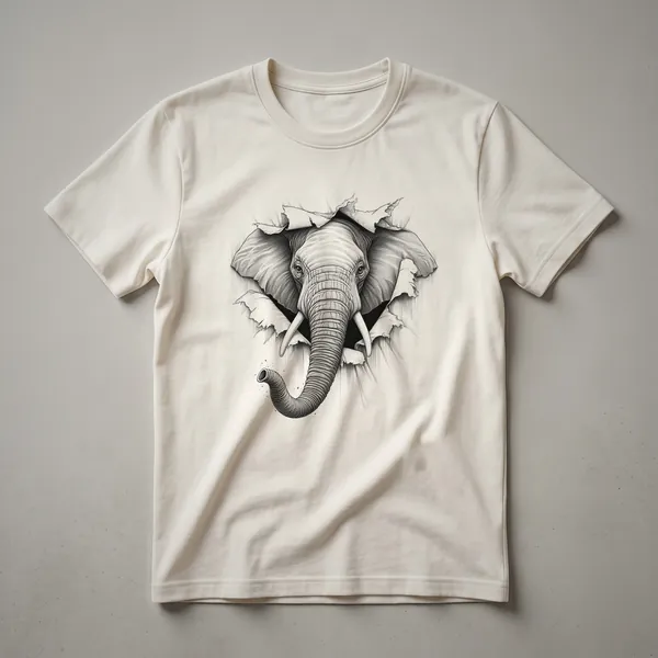 White graphic t-shirt with a distressed, vintage-style illustration of an elephant's head peeking from the bottom edge.