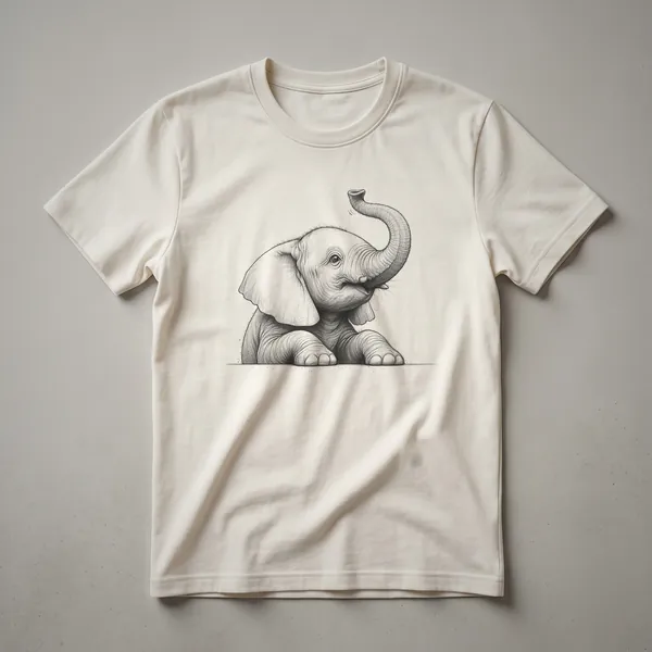 White graphic t-shirt featuring a watercolor-style illustration of an elephant's head peeking from the left side, with visible brush strokes and color blending.