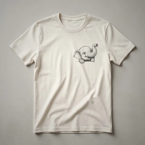 White graphic t-shirt with a cute cartoon elephant peeking from the bottom edge, its trunk curled.