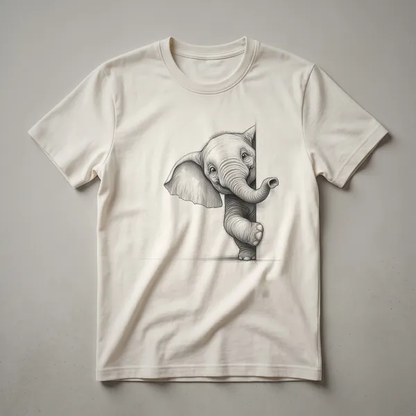 White line drawing of an elephant peeking over the bottom edge of a black t-shirt.