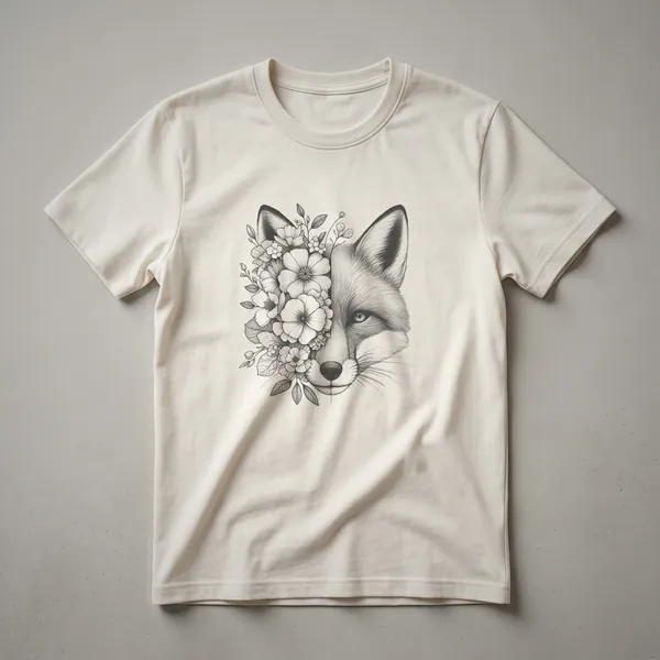 White t-shirt featuring a stylized fox face created with colorful flowers and leaves, with the fox's ears and snout clearly defined.