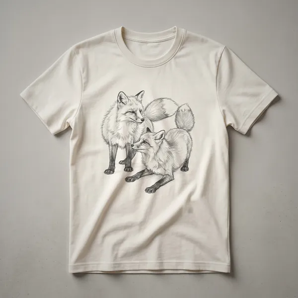 A black t-shirt featuring a vintage-style drawing of two red foxes playing, rendered in black and white.