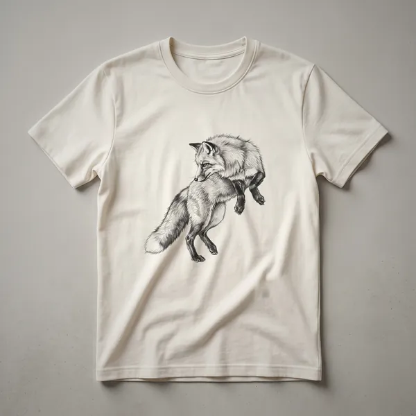 A white graphic t-shirt featuring a distressed illustration of a red fox in mid-jump, with a vintage aesthetic.