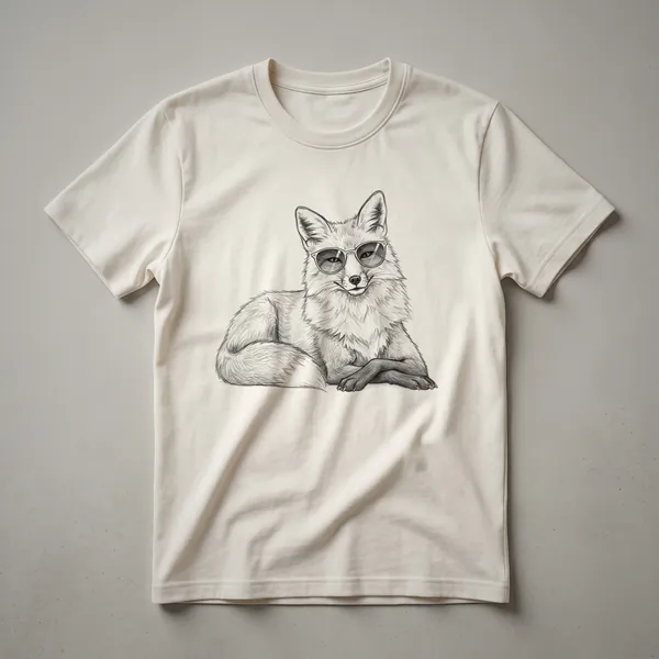 White t-shirt with a graphic of a cartoon fox wearing black sunglasses and a playful expression.