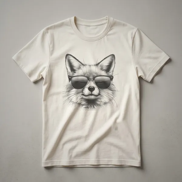 White graphic t-shirt featuring a vintage drawing of a red fox wearing black sunglasses, with a sketch-like texture.