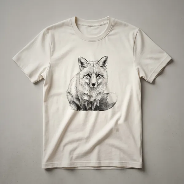 A black t-shirt with a vintage-style drawing of a fox in profile, rendered in shades of brown and white.