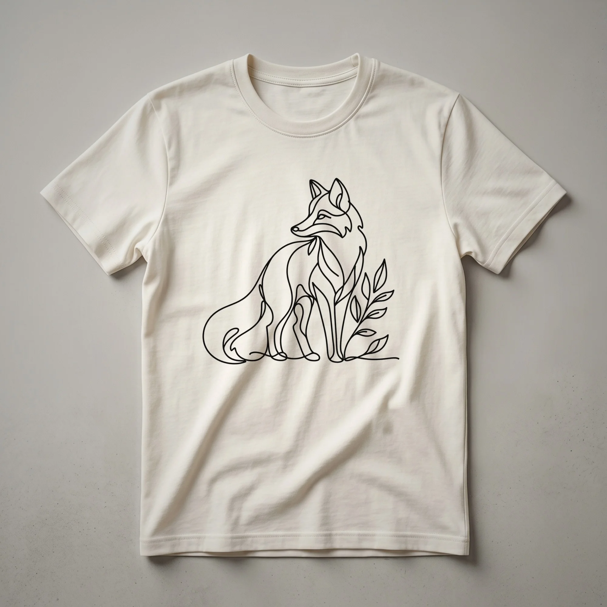 White line art drawing of a fox on a black t-shirt, showcasing a minimalist design.