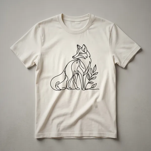 White line art drawing of a fox on a black t-shirt, showcasing a minimalist design.