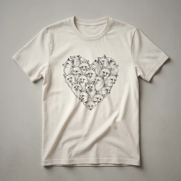 A graphic t-shirt featuring a heart shape created by two stylized foxes, designed for fox lovers and wildlife enthusiasts.