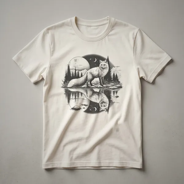 A heather grey t-shirt with a graphic design of a red fox in a forest scene under a reflective moon.