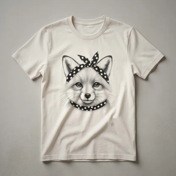 White graphic t-shirt featuring a black line drawing of a fox in a vintage art style, with the fox depicted in profile.