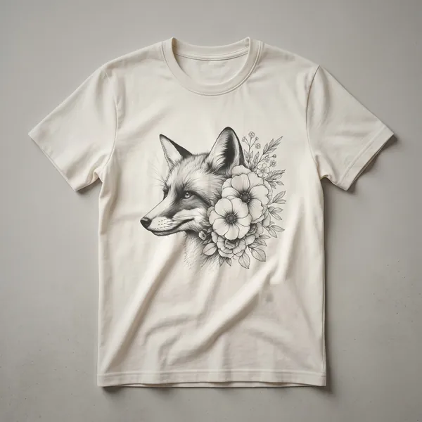 White graphic t-shirt featuring a stylized fox illustration surrounded by colorful flowers and leaves, designed for women and girls.