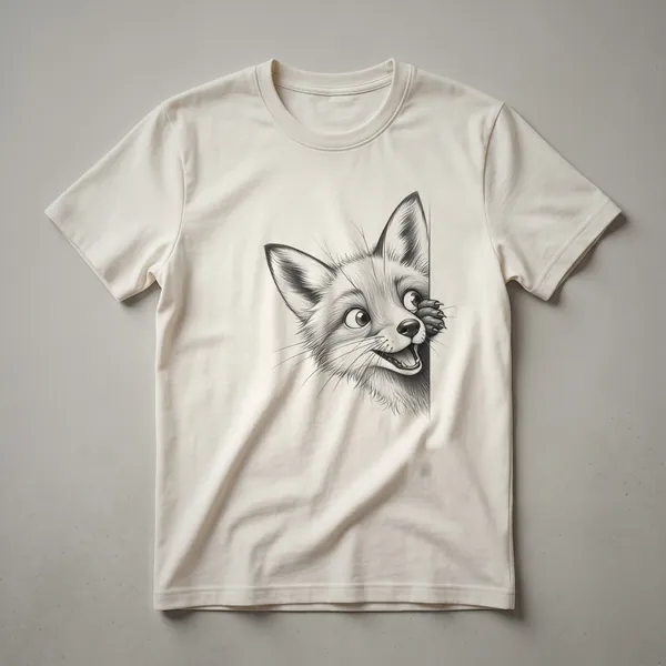 White t-shirt with a cartoon fox peeking over the bottom hem, featuring a playful and curious expression.