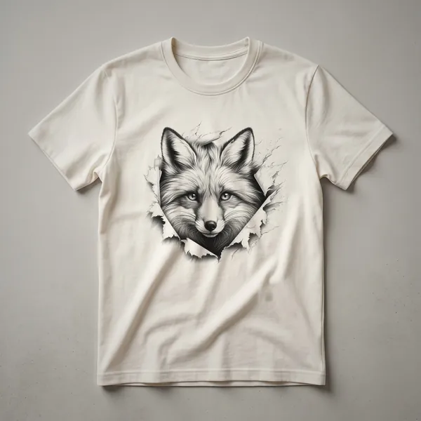 A vintage graphic t-shirt featuring a red fox peeking from behind a distressed tree trunk, designed for woodland wildlife lovers.