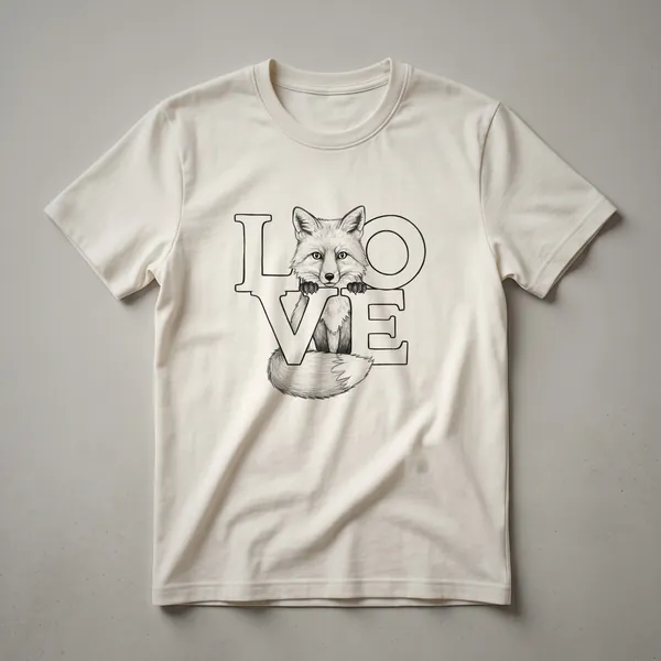 White crew neck t-shirt featuring a stylized graphic of a red fox with a heart shape on its chest.