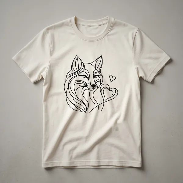 White t-shirt with a black line art drawing of a fox in profile, showcasing its head and body.