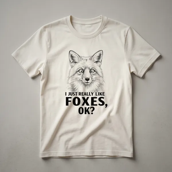 A white graphic t-shirt featuring a stylized illustration of a fox with a bushy tail, set against a subtle woodland background.
