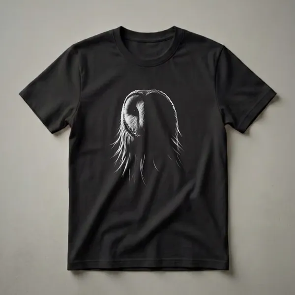 Black t-shirt featuring a high-contrast artistic illustration of a barn owl's face, with detailed feathers and a visible dark eye on a black background.