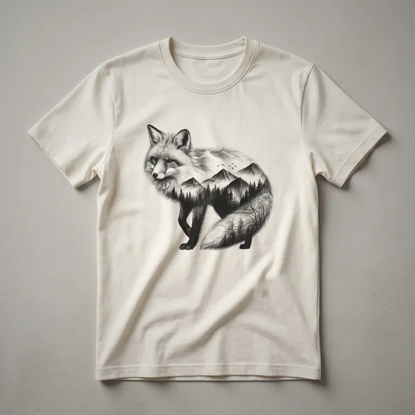 A white graphic t-shirt featuring a stylized illustration of a red fox with a nature-inspired background, including trees and foliage.
