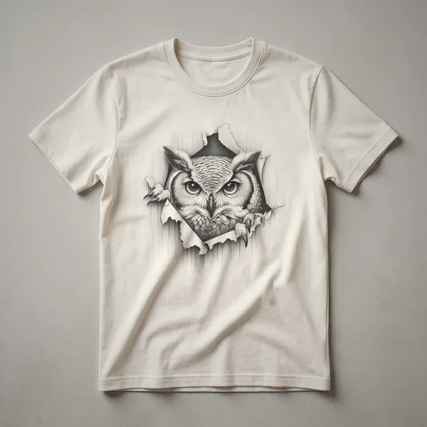 Black and white vintage line drawing of an owl peeking over a branch on a t-shirt, showcasing detailed feathers and large eyes.