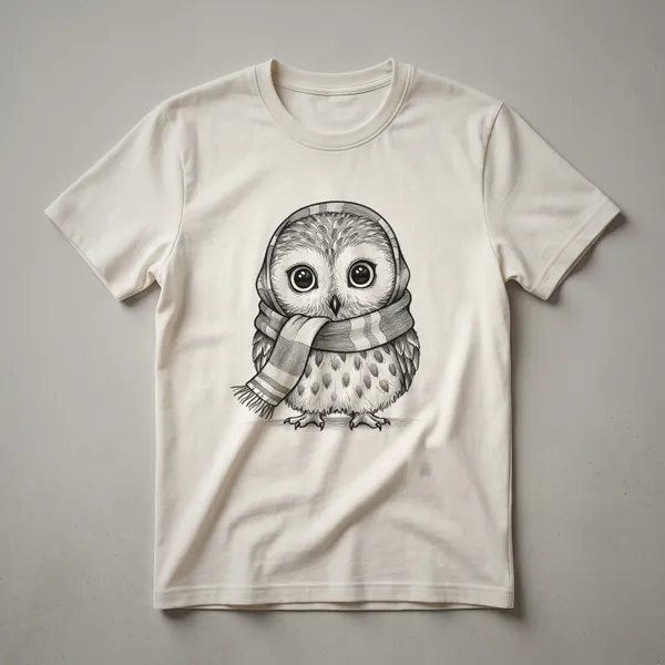White graphic t-shirt with a cartoon owl wearing a colorful scarf on a plain background.