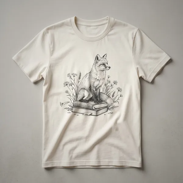 White graphic t-shirt with a vintage-style drawing of a red fox nestled among books and surrounded by floral elements.