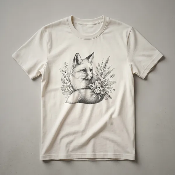 White t-shirt featuring a graphic of a red fox with a floral design including various colorful flowers and green leaves.