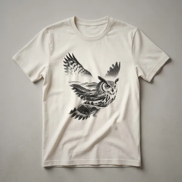 Black graphic t-shirt featuring a stylized illustration of a great horned owl in mid-flight against a dark background.