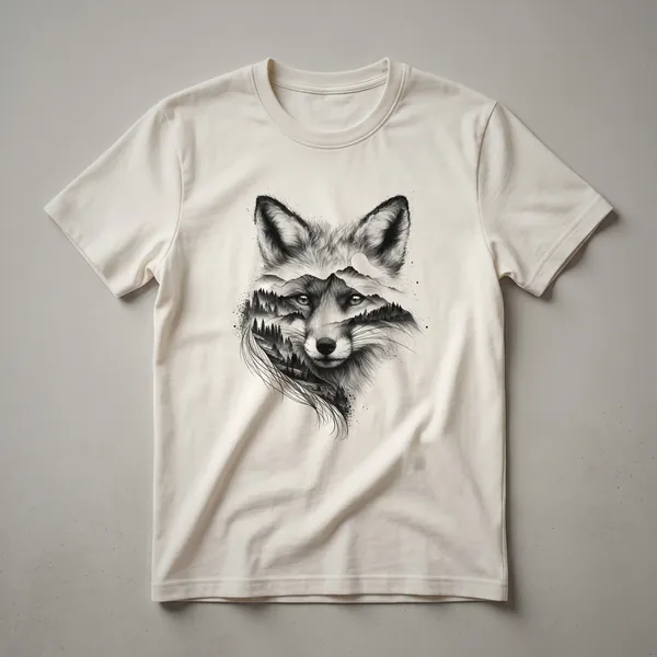 A graphic t-shirt featuring a stylized red fox face with natural design elements, presented on a white background.
