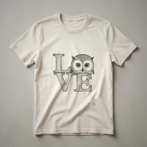 White graphic t-shirt with a vintage drawing of a Great Horned Owl in profile, featuring ear tufts and a heart shape on its chest.
