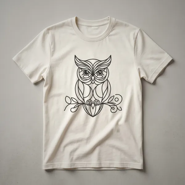A black and white minimalist line art drawing of an owl, printed on a white t-shirt.