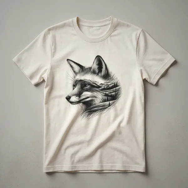 A graphic t-shirt in a dark heather color, featuring a stylized red fox face seamlessly blended with a natural landscape scene, including trees and foliage.