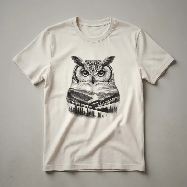 Black and white vintage line drawing of an owl perched on a branch, featured on a t-shirt.