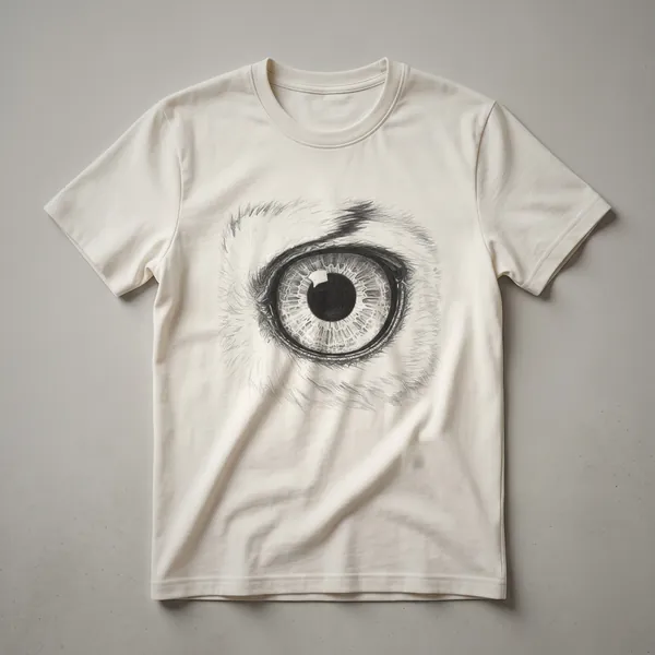 Black and white sketch of a detailed owl's eye, rendered in a vintage drawing style, displayed on a white t-shirt.