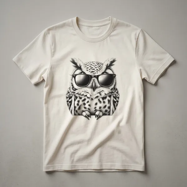 White graphic t-shirt featuring a Great Horned Owl wearing black sunglasses, with the owl's ear tufts visible.