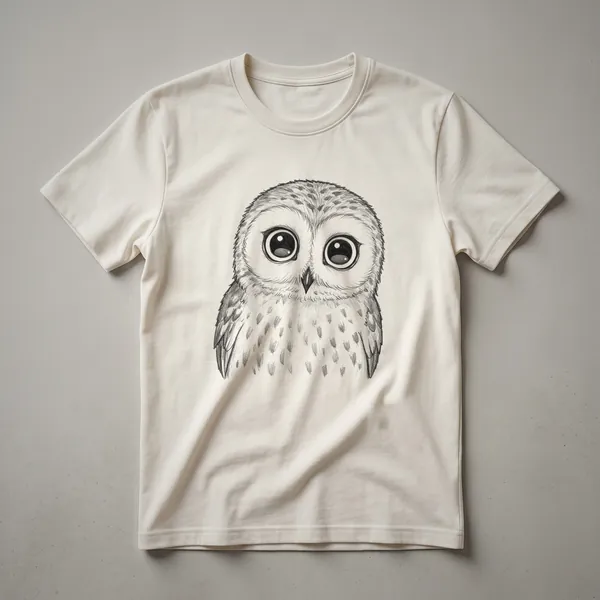 White graphic t-shirt with a minimalist black line drawing of a baby owl in a vintage style.