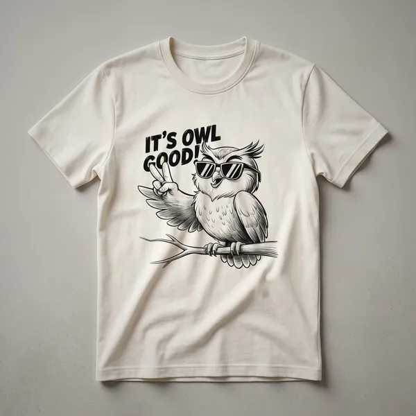 White graphic t-shirt featuring a cartoon owl with large eyes and the text 'It's Owl Good'.