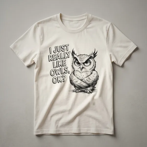 A black graphic t-shirt featuring a stylized owl with large eyes and the text "I Just Really Like Owls, Ok?" below it.