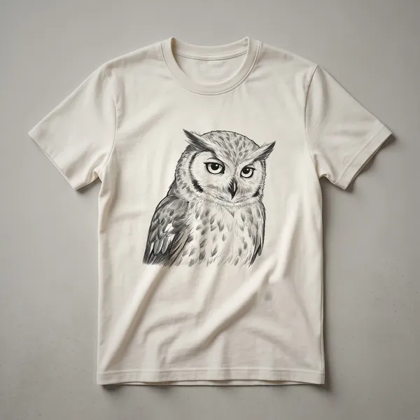 A black and white vintage sketch of an owl in profile, printed on a dark heather grey t-shirt.
