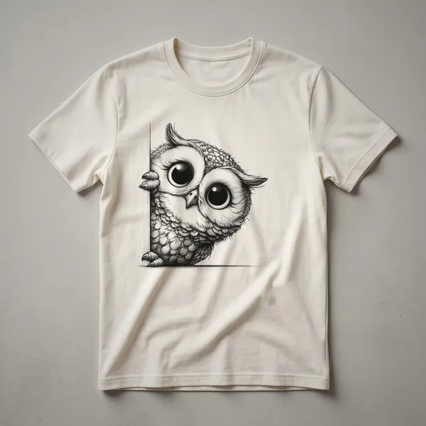 White graphic t-shirt featuring a cartoon owl peeking over a branch with a distressed background, designed for kids and bird lovers.